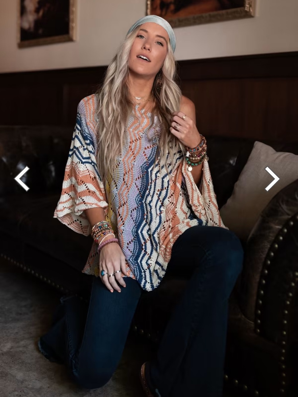 easel Multi-Color Wave Knit Tunic - Blue, Cream, Tan, Orange